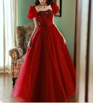Без бретелек Красное вечернее платье Элегантное пышное платье с коротким рукавом Свадебные платья для вечеринок Женщины Роскошные ромбовидные сетки Выпускное платье Vestidos