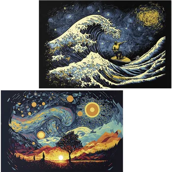 Ван Гог Звездное небо Холст Абстрактное искусство Пейзаж Плакат и Принты с рамкой Творческая волна Настенное искусство Картина Гостиная Декор