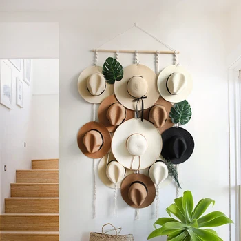 Вешалка для шляп для стены 31x61 In Органайзер для шляп с 15 зажимами Висячие вешалки для шляп макраме Дисплей Хранение шляпы для Fedora Cowboy Hat