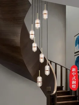 Вилла Лестница Длинная люстра Новая лестница в китайском стиле Светильник Дуплексное здание Пустая вращающаяся лестница Люстра