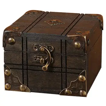 Винтажная шкатулка с сокровищами Ретро Маленькая коробка для хранения с замком Деревянная шкатулка для сокровищ для ювелирных изделий Настольный органайзер для дома Шкатулка для сувениров