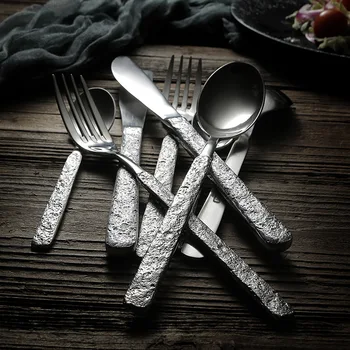  Винтажный набор посуды из нержавеющей стали 304 с креативной односторонней ручкой из имитации камня, ножом, вилкой, набором ложек
