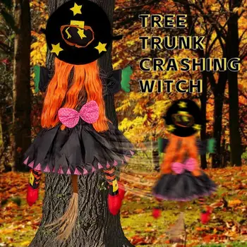 Врезающаяся ведьма в дерево Хэллоуин Наружное украшение Разбившаяся ведьма для дерева кулон реквизит Летающая ведьма ударяет по украшению дерева