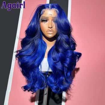 Выделите синий цвет 13X6 Body Wave Кружевной фронтальный парик Темно-синий без клея 13x4 Волнистый кружевной передний парик из натуральных волос 4X6 Кружевной парик 200%