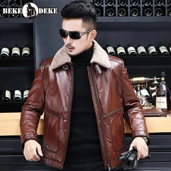  Высокое качество Уличная мужская облегающая кожаная куртка Мода Бизнес Лацкан Короткое пальто Зима Теплая верхняя одежда из натуральной кожи