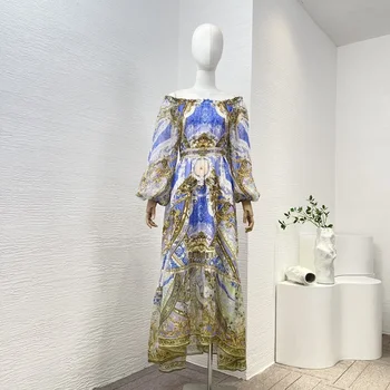 Высокое качество Чистый шелк 2023 Весна-Лето Новая коллекция Барочный принт Эластичные длинные платья с открытыми плечами для женщин