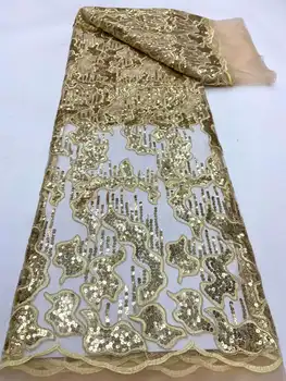 Высококачественная африканская кружевная ткань Светло-золотое французское сетчатое покрытие пайетками Швейная вышитая кружевная тюль Нигерийская кружевная ткань 5 ярдов