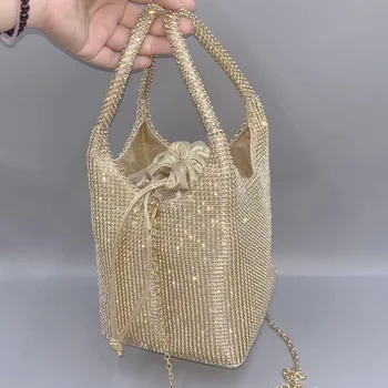 Высококачественная золотая сумка-ведро Женская сумка Блестящие бриллианты Вечерняя сумка Свадебная вечеринка Клатч Кошелек Плечо Кроссбоди Сумка