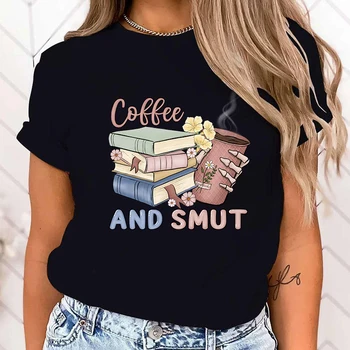  (высококачественная футболка)Футболки с принтом кофе и порнухи для женщин Лето с коротким рукавом и круглым вырезом Симпатичная свободная футболка Креативные топы