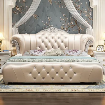 Деревянные спальни Современная кровать Queen Size Мастер Салон Двуспальная кровать Роскошная рама Кожаные Camas De Matrimonio Dormitorio Домашняя мебель