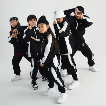 Детский спортивный костюм Balck Hiphop Джаз Танцевальные костюмы для девочек Уличная одежда для мальчиков Бальные танцы хип-хоп Рейв-одежда DQS14607