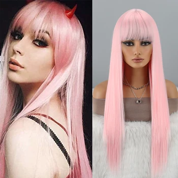 длинный розовый парик с челкой прям розовые парики для женщин косплей длинный синтетический розовый парик натуральный ищет для ежедневного ношения