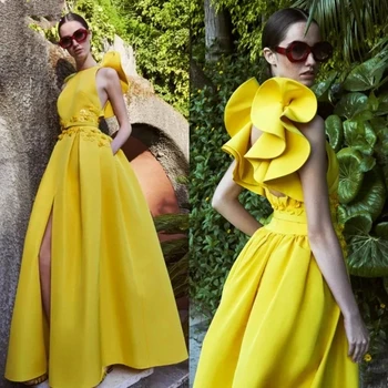 Желтый атлас новая мода парижский длинный ремень плиссированный 3D наклейка сексуальная А-линия без спины PROM вечеринка на заказ вечернее платье для женщин