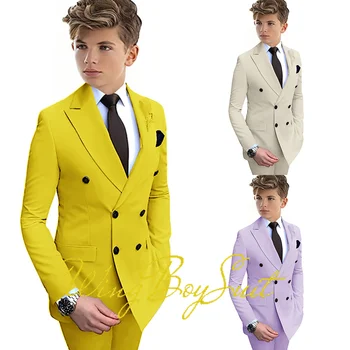 Желтый костюм для мальчиков Двубортная куртка Брюки Набор из 2 предметов Деловой стиль Формальный свадебный смокинг Нестандартный размер Блейзер Дети