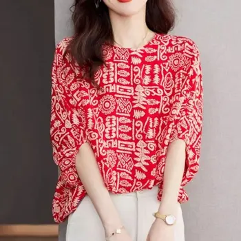 Женская одежда Пуловеры с круглым вырезом Печать с коротким рукавом Геометрическая корейская мода Свободная простота Элегантные летние тонкие футболки