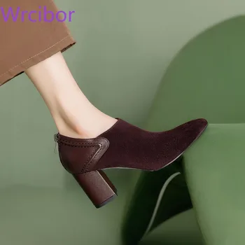 Женская одиночная обувь Каблуки Матовая кожа Грубая обувь Остроконечные носки с молниями Офис Женская черная и коричневая женская обувь