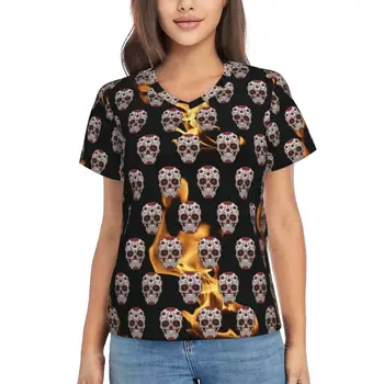 Женская футболка Лето Футболка с принтом сахарного черепа Хэллоуин Мексиканские футболки Harajuku Короткие рукава V-образный вырез Уличная одежда