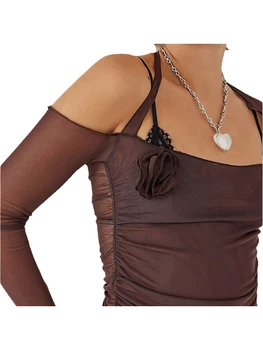 Женская футболка с длинным рукавом С длинным рукавом С открытой спиной Цветок Slim Fit Прозрачные топы Клубная одежда