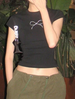 Женская футболка с круглым вырезом и коротким рукавом Hot Fix Drill Bowknot Летние топы Уличная одежда