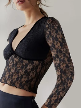  Женщины Сексуальные кружевные укороченные топы с длинным рукавом V-образным вырезом Сетка Смотреть сквозь облегающие футболки Блузка Клубная одежда