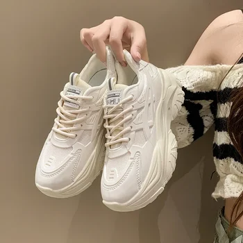 Женщины Толстый низ Коренастые кроссовки Корейские женские платформы на шнуровке дышащие Весна Осень Женская вулканизированная обувь Zapatos Mujer