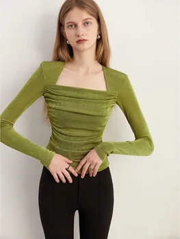  Зеленая футболка с вырезом Palace для женщин осень / зима 2023 года Новый французский дизайн правого плеча, уникальный топ