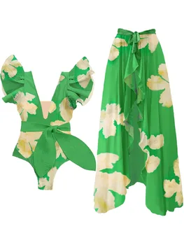  зеленый винтажный ремешок с цветочным принтом и V-образным вырезом с оборками, кружево, асимметричный дизайн, молодежная мода, цельный купальник и чехол 2023 для женщин