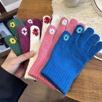 Зимние теплые трикотажные перчатки Перчатки с полным пальцем Однотонные эластичные утолщенные лыжные перчатки Варежки для верховой езды Перчатки с пятью пальцами