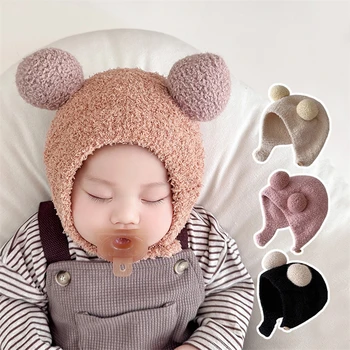 Зимняя детская вязаная шапочка Мультяшный медведь Защита ушей Вязаная шапка для малышей Мальчики Девочки Милые корейские теплые детские плюшевые шапки
