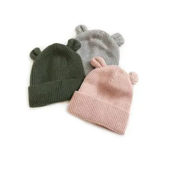  Зимняя мягкая теплая вязаная шапочка для малышей Однотонная шерстяная шапка Кепка для девочек Чепчик Детская шапка