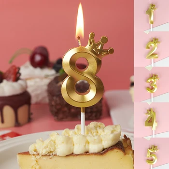 Золотая корона 0 -9 Цифровая свеча для топпера торта Свадебный кекс на день рождения Принадлежности для вечеринки Бездымный десерт Украшение для выпечки
