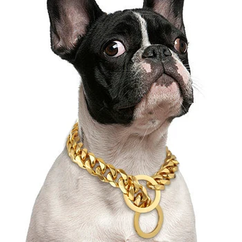  Золотая цепь для собак Большой ошейник Цепь для металлических собак Собака Средние звенья Звено Маленькая сталь Золото Кубинская ходьба