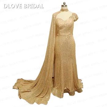 Золотое выпускное платье Блестящее вечернее платье с пайетками и съемной накидкой DLOVE BRIDAL Новое поступление Special Occassion Платья