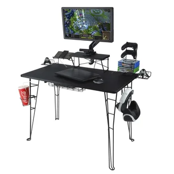 Игровой стол с подставкой для монитора, зарядной станцией и хранилищем, 29,5 дюйма H, черные компьютерные столы