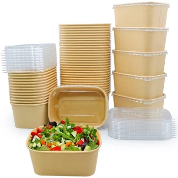 Индивидуальный продуктМиски из крафт-бумаги с крышками квадратные - Одноразовые бумажные контейнеры для пищевых продуктов - Супницы для ресторанов и еды на вынос