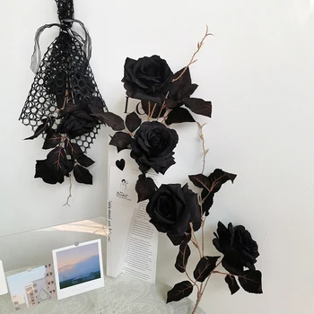искусственная черная роза с листьями цветущих роз винтаж невеста хэллоуин готическая свадьба дом real touch поддельная цветочная композиция