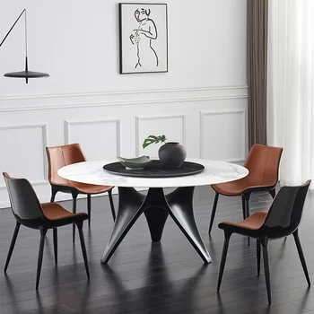 Итальянский светлый роскошный каменный стол и стул Современный простой с поворотным столом круглый стол Домашний обеденный стол