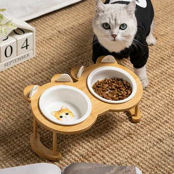 Керамическая миска для кошек Миска для кормления домашних животных и воды Бамбуковая приподнятая кормушка для кошек Защитный шейный отдел позвоночника Посуда для еды Товары для домашних животных