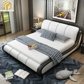 Кожаная кровать в спальне Скандинавская кожаная кровать Современная большая двуспальная кровать в главной спальне Мягкая двуспальная кровать Европейская черно-белая кладовая