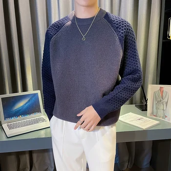 корейский повседневный свитера с рукавом реглан мужчины с длинным рукавом контрастные трикотажные пуловеры с круглым вырезом модные трикотажные топы мужская одежда