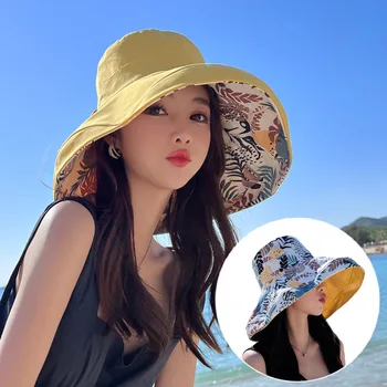 корейский стиль Новая женская мода Две стороны Носить Супер Большие Поля Ведро Пляж Путешествия Отпуск Защита Солнце Шляпа