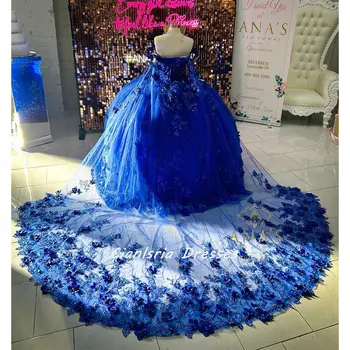 Королевский синий жемчуг 3D Бабочка Quinceanera Платье Бальное платье с открытыми плечами Аппликации Корсет Sweet 15 Vestidos De Quinceañera