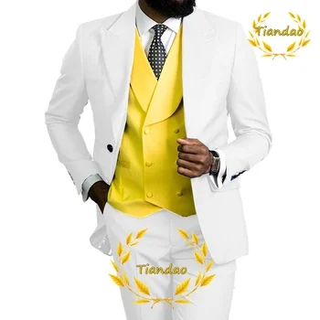 Костюмы для мужчин Белая куртка Брюки Жилет Набор из 3 предметов Свадебный смокинг для мужчин Официальная вечеринка Одежда Slim Fit Наряды