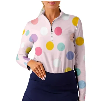 Красочные точки Дизайн Рубашка для гольфа Женщины с длинным рукавом Половина молнии Дышащие быстросохнущие топы Повседневная спортивная одежда