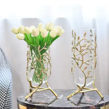 креативный металлический стекло золотые листья виноградная лоза медная ваза Гидропоника Цветочная композиция дорогая Современное украшение дома свадьба