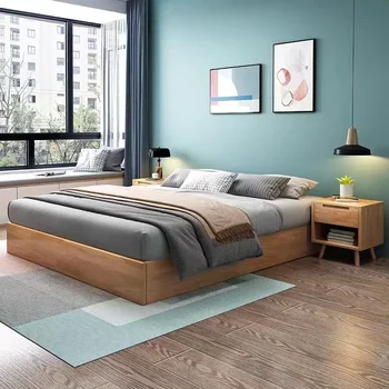 Кровать татами из массива дерева Современная минималистичная кровать без прикроватной кровати 1,8 м Двухэтажная кровать с проживанием в семье