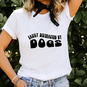  легко отвлекается на собаку 100% хлопок женская футболка собака мама забавные летние повседневные пуловеры с о-образным вырезом топы с коротким рукавом подарок любителю домашних животных