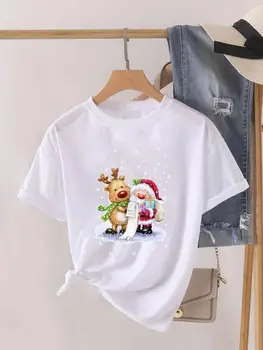 Леди Новый год с принтом с коротким рукавом Мода Женская рубашка Футболка Топ Прекрасное дерево Тенденция Милая рождественская одежда Одежда Графическая футболка