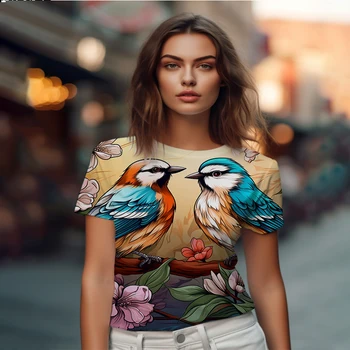 Лето новая леди футболка две птицы 3D-печатная леди футболки красивые повседневные дамы футболка тренд мода женская футболка