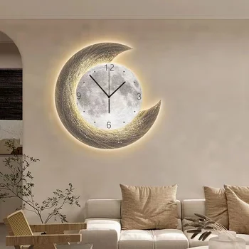Луна, настенные часы для гостиной, творческие часы, подвесные настенные часы, украшение стены ресторана, высокоуровневое ощущение светящихся часов